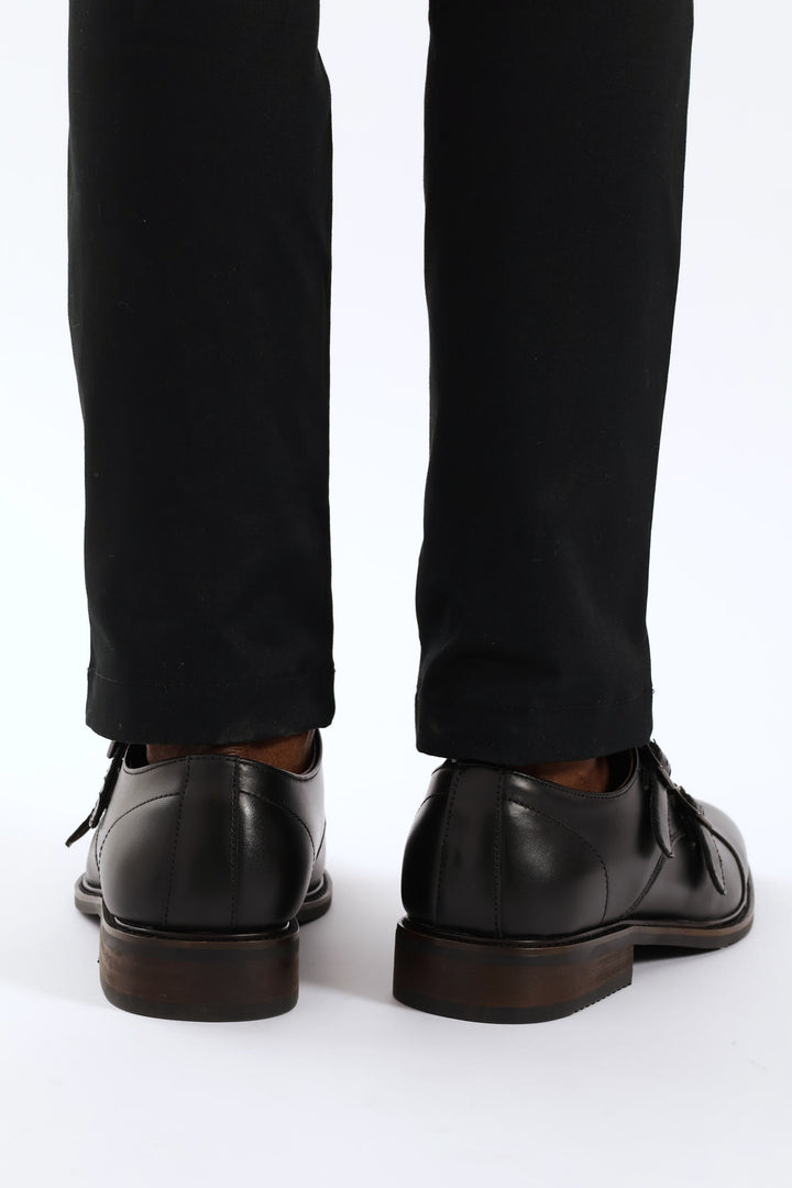 Leather Double Buckle Monk Shoe - Black