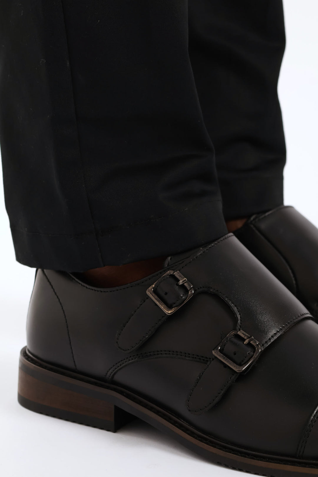 Leather Double Buckle Monk Shoe - Black
