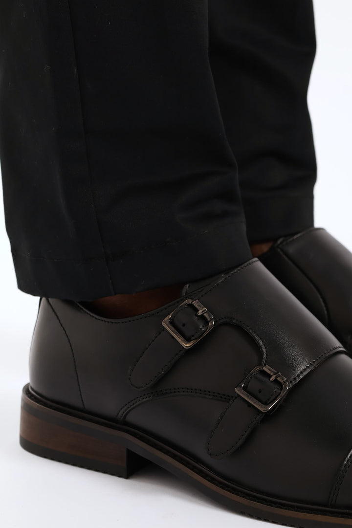 Leather Double Buckle Monk Shoe - Black