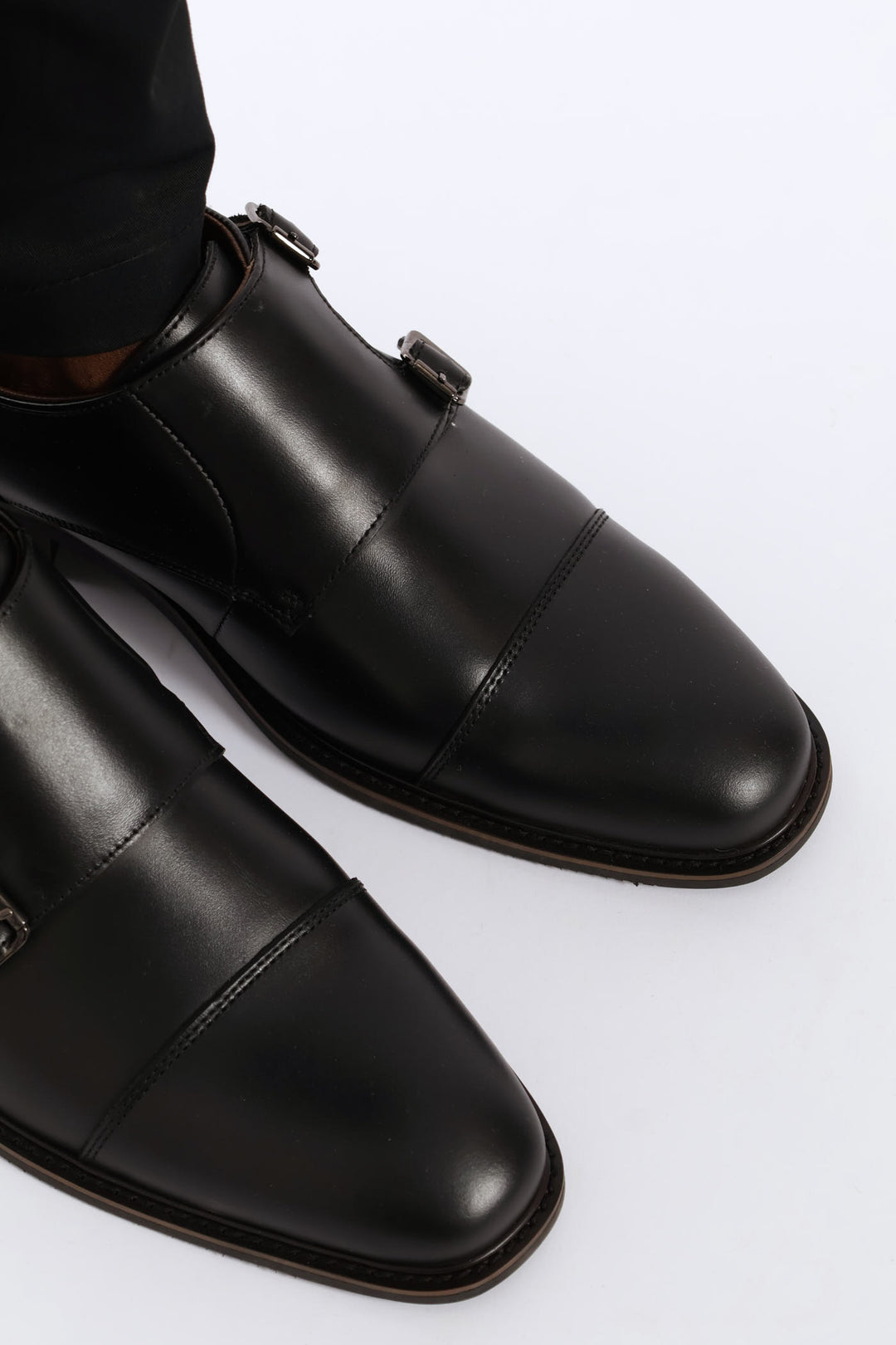 Leather Double Buckle Monk Shoe - Black