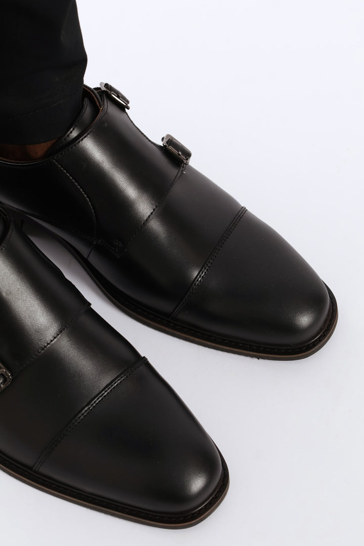 Leather Double Buckle Monk Shoe - Black