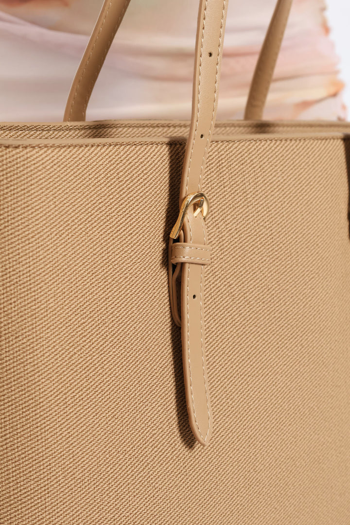 Gold Buckle Text Shopper - Sand