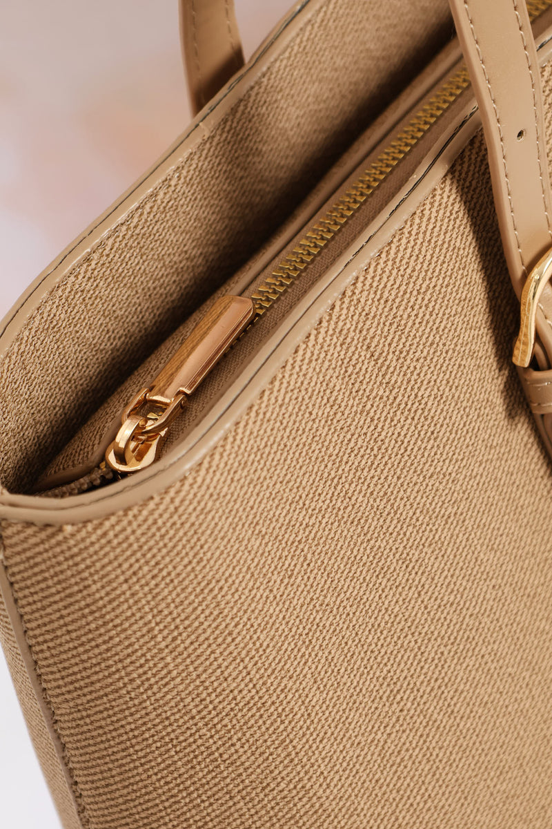 Gold Buckle Text Shopper - Sand