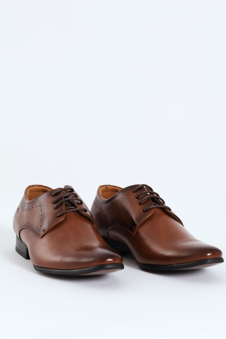 Patterned Pin Punch Lace Up Derby Shoe - Tan
