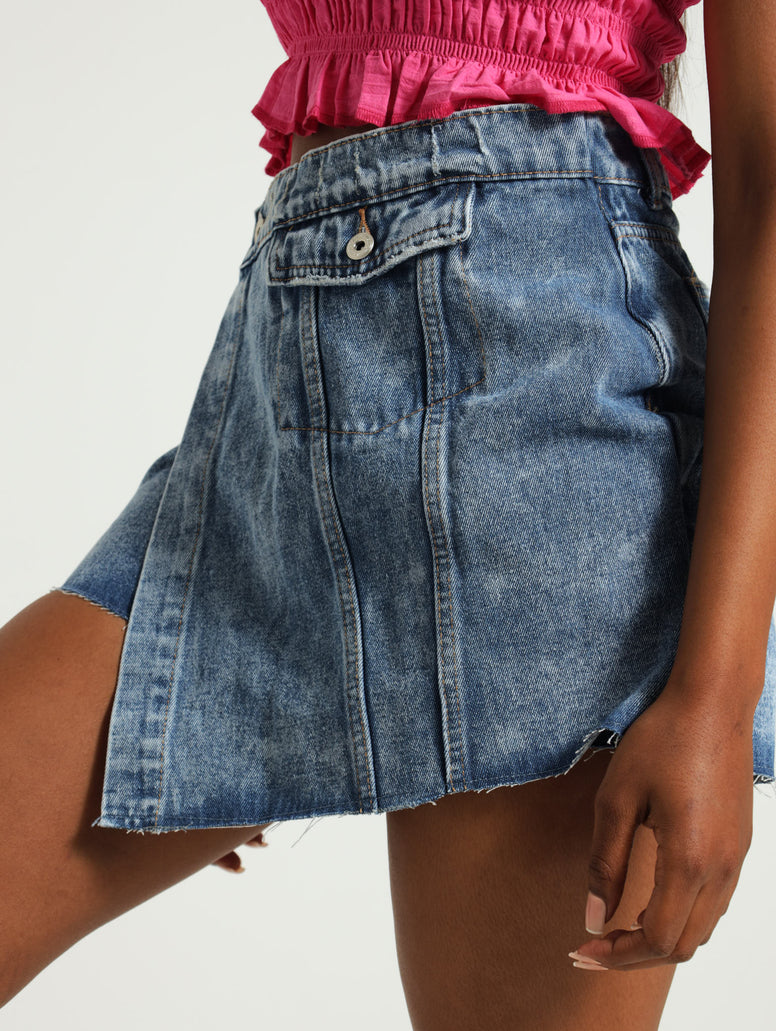 Denim Asymmetric Skort - Med Wash