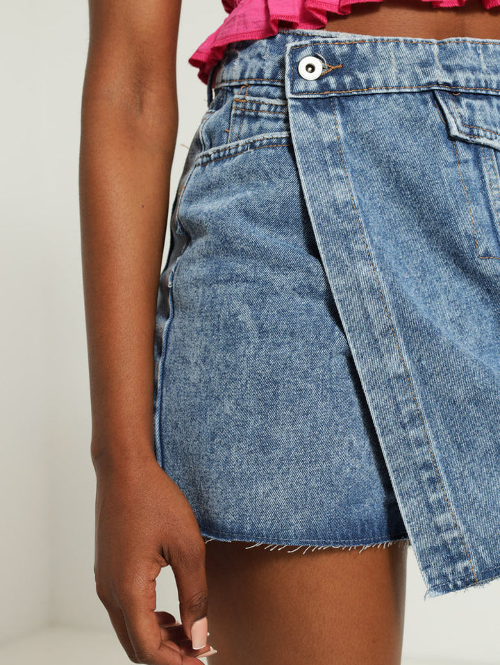 Denim Asymmetric Skort - Med Wash