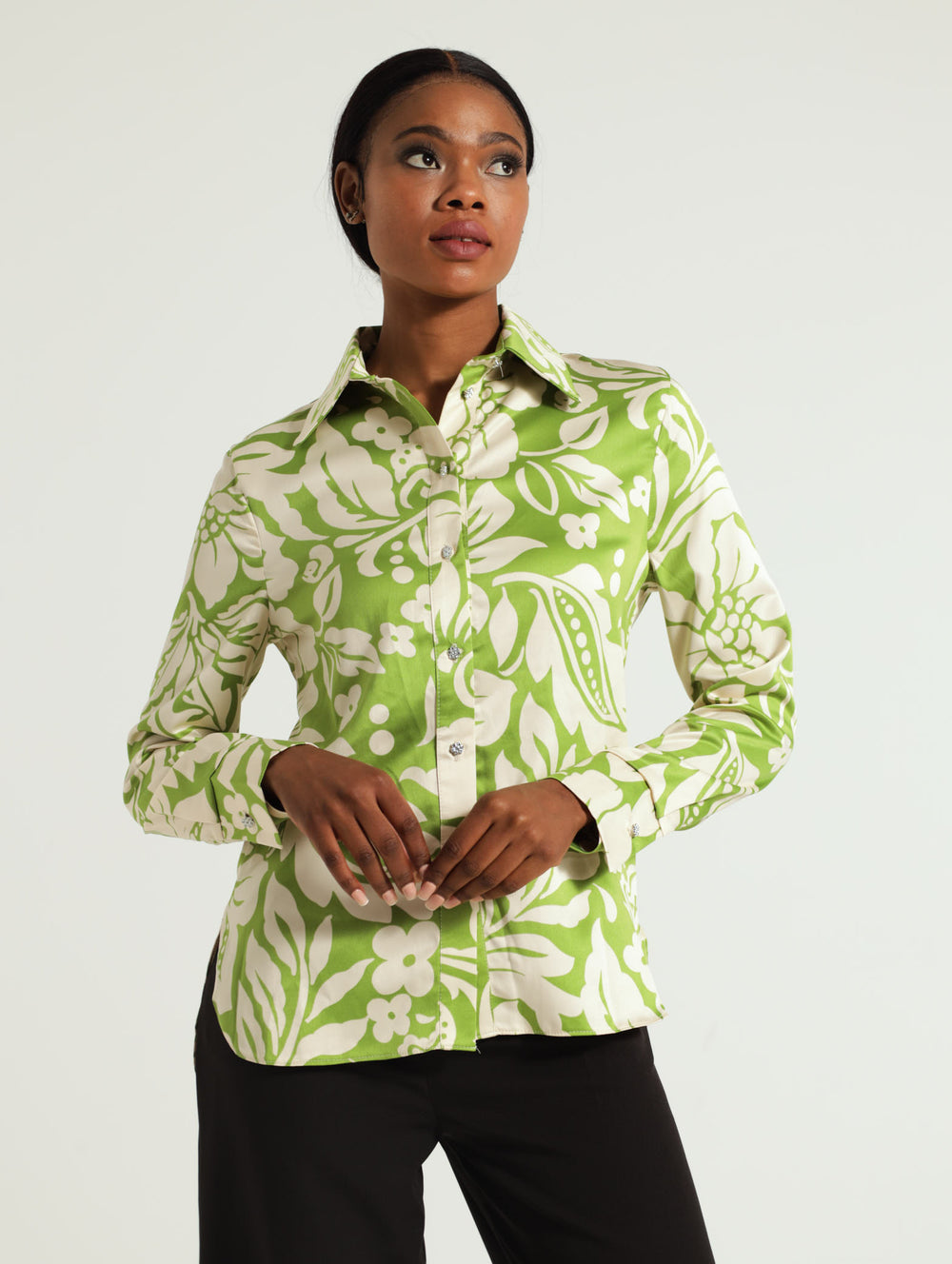 Satin Floral Fancy Button Shirt - Light Green