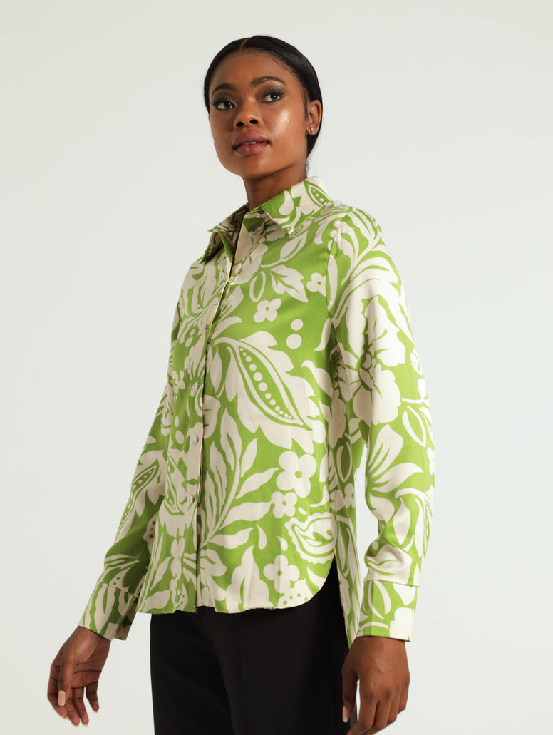 Satin Floral Fancy Button Shirt - Light Green