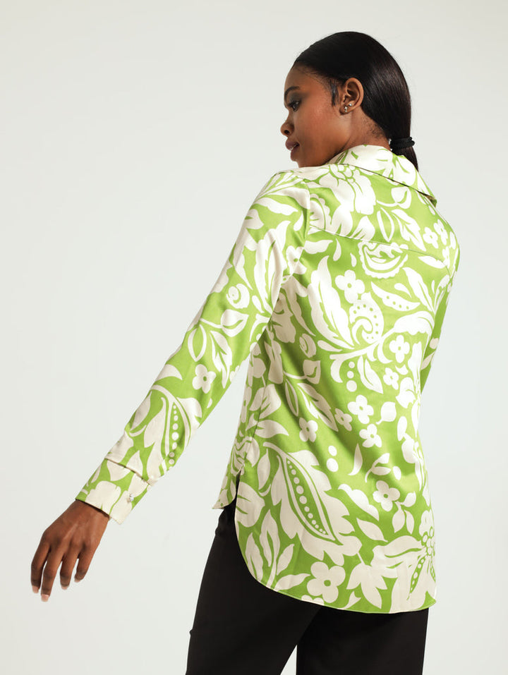 Satin Floral Fancy Button Shirt - Light Green
