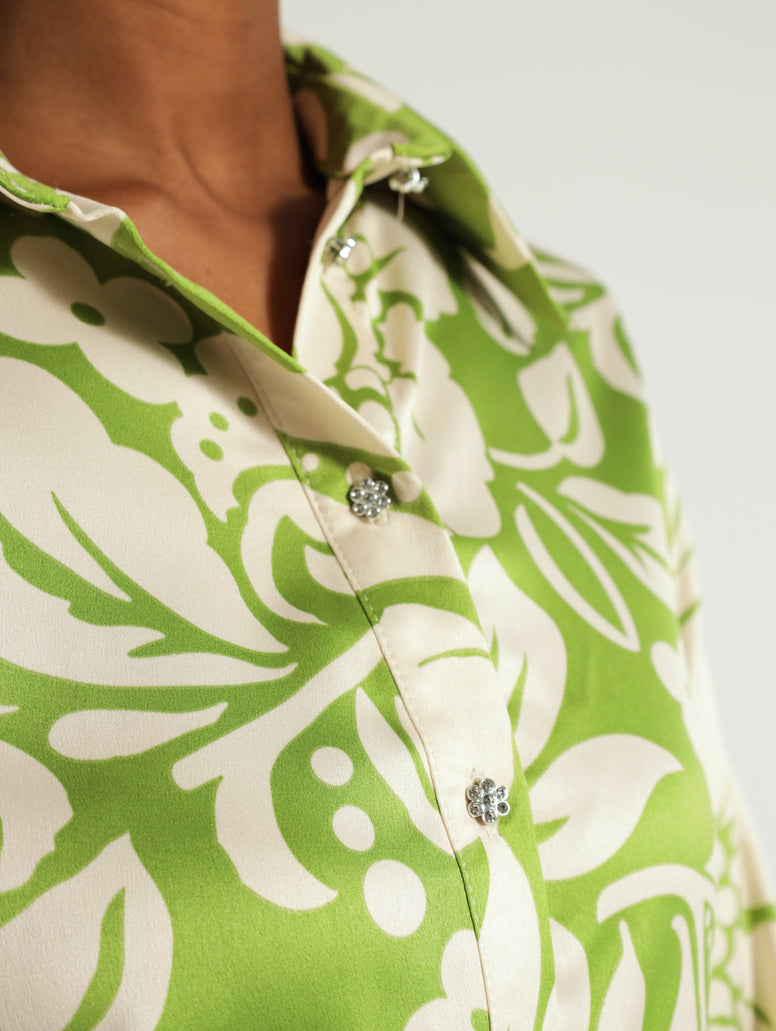 Satin Floral Fancy Button Shirt - Light Green