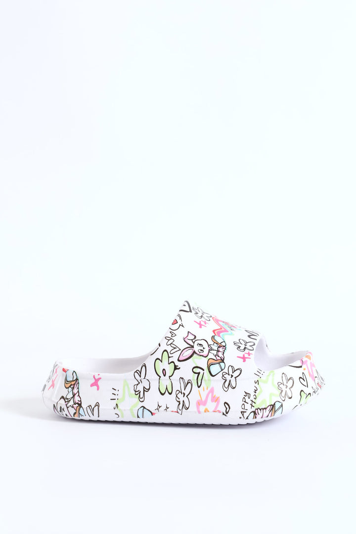 Pre-Girls Graffiti Print Slide - White