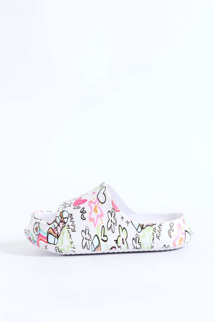 Pre-Girls Graffiti Print Slide - White