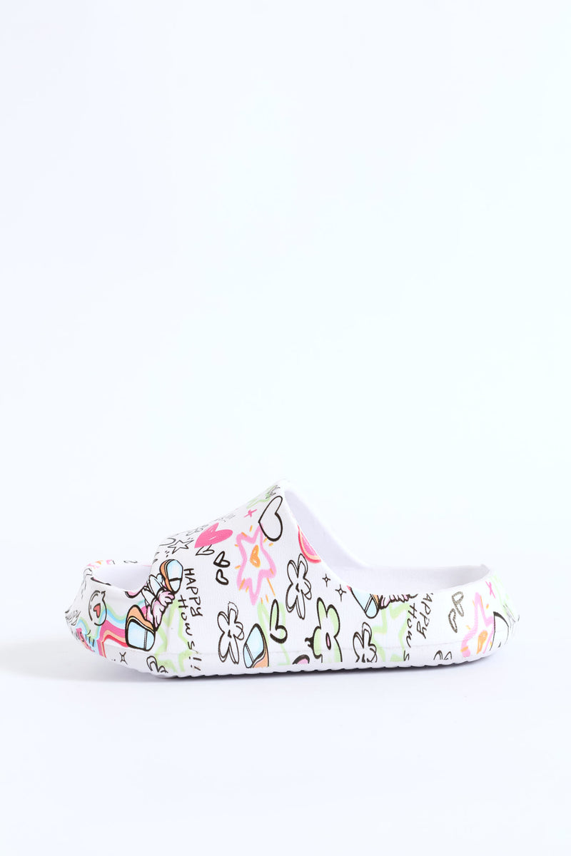 Pre-Girls Graffiti Print Slide - White