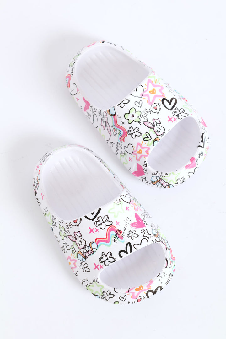 Pre-Girls Graffiti Print Slide - White