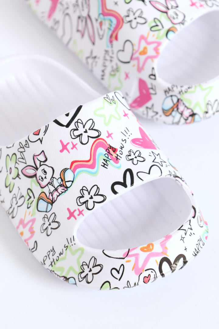 Pre-Girls Graffiti Print Slide - White