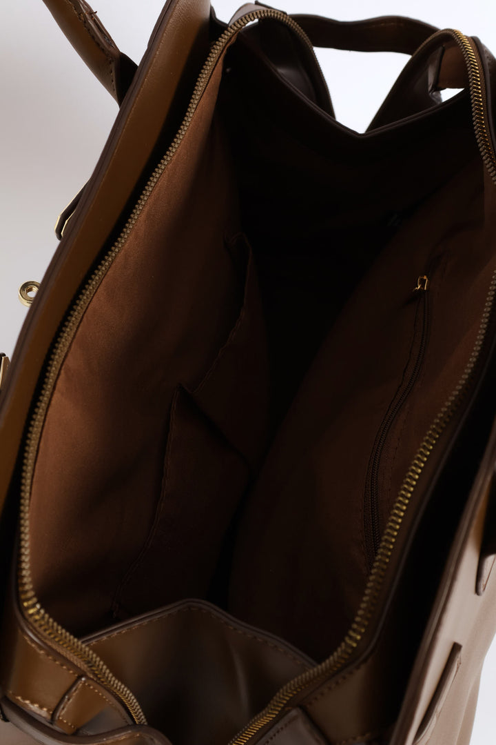 Belt Detail Dome Shopper Bag - Brown