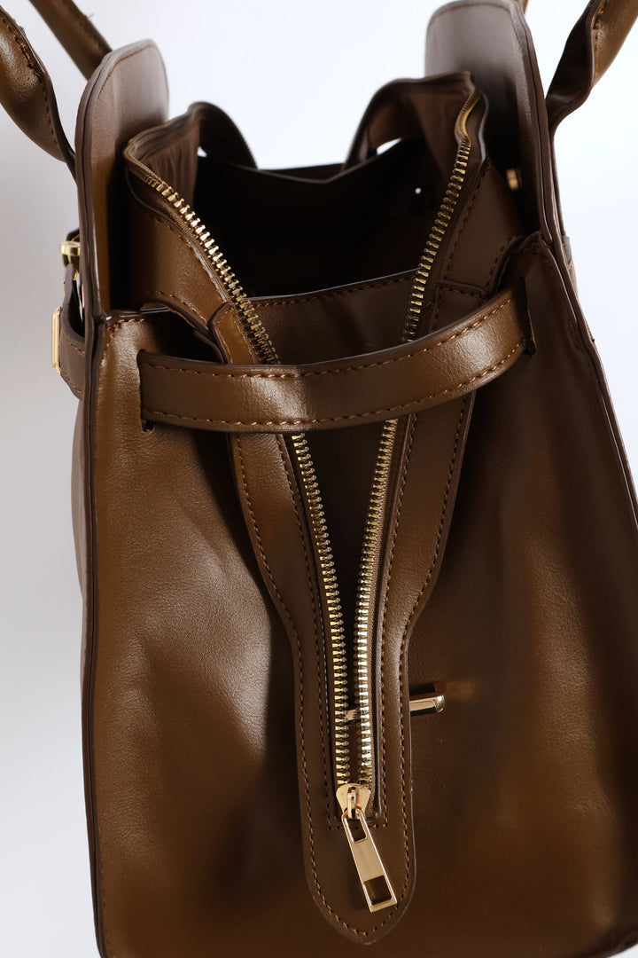Belt Detail Dome Shopper Bag - Brown