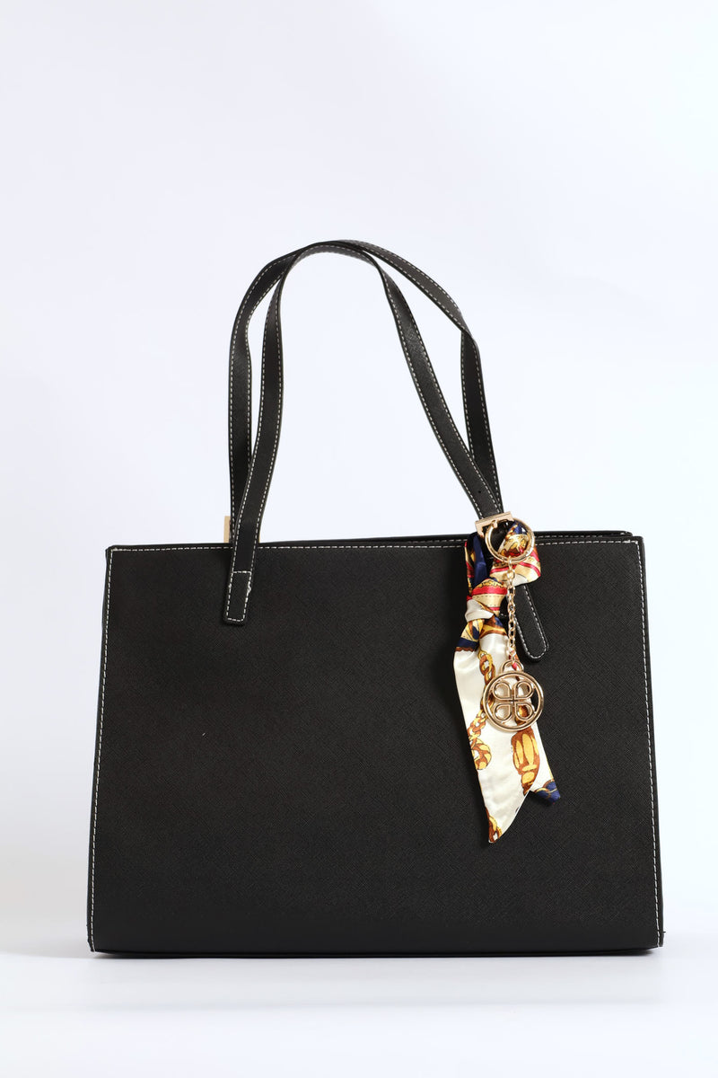 Ribbon & Keychain Square Tote - Black