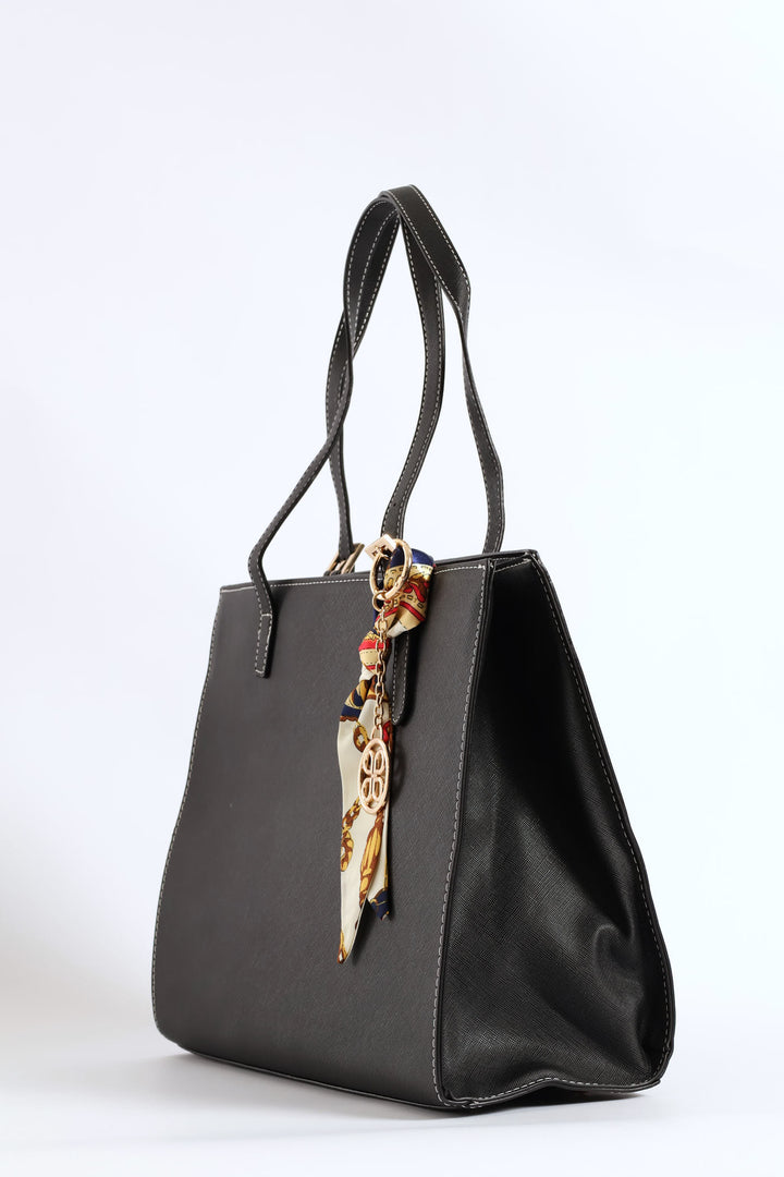 Ribbon & Keychain Square Tote - Black