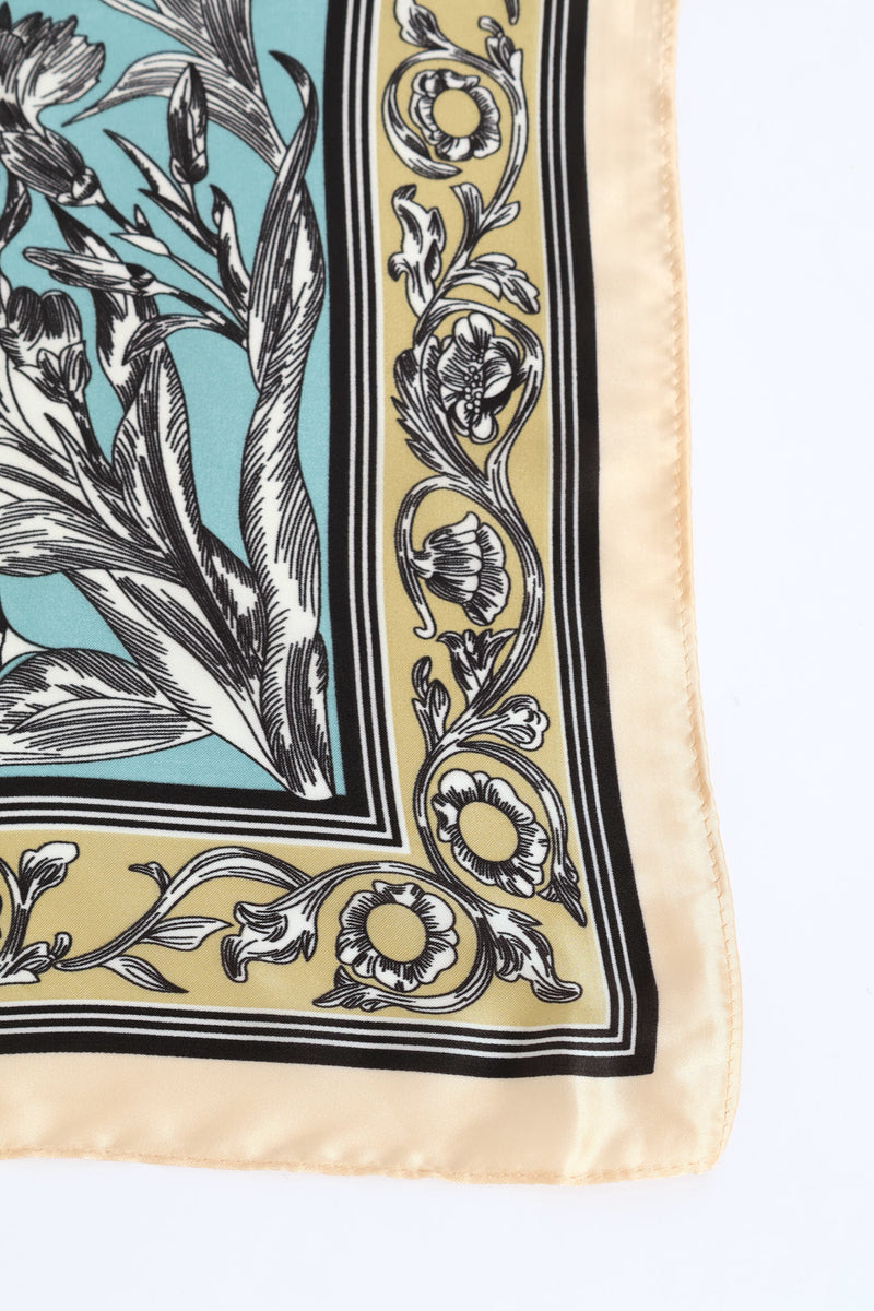Pastel Floral Border Print Satin Feel Scarf - Light Blue