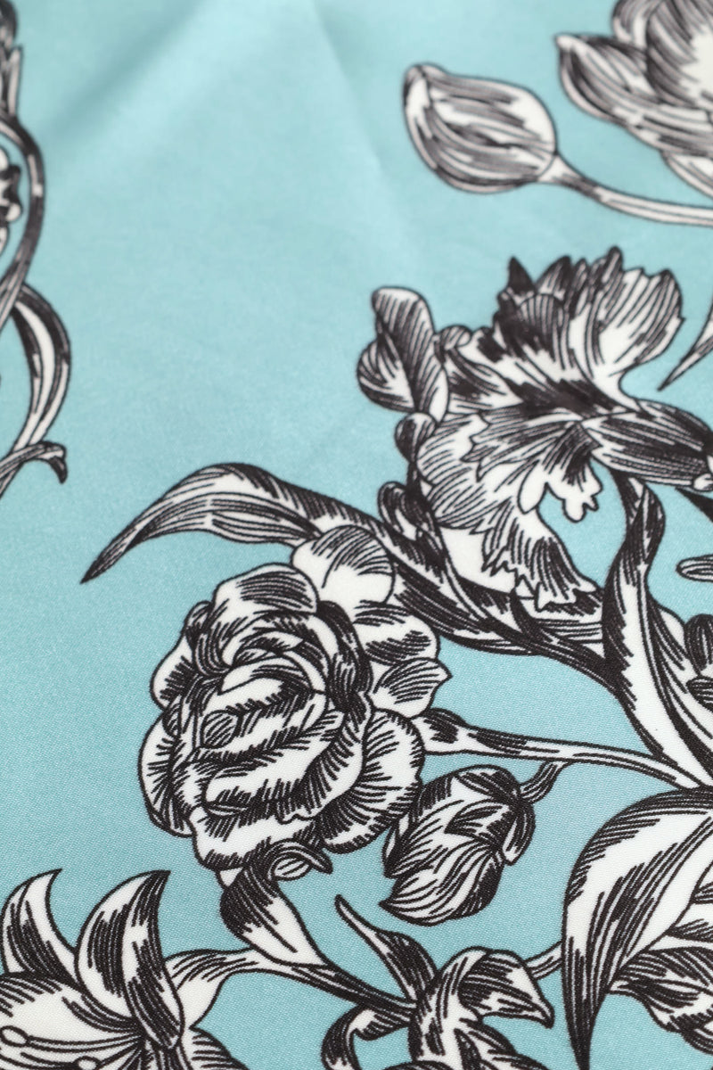 Pastel Floral Border Print Satin Feel Scarf - Light Blue