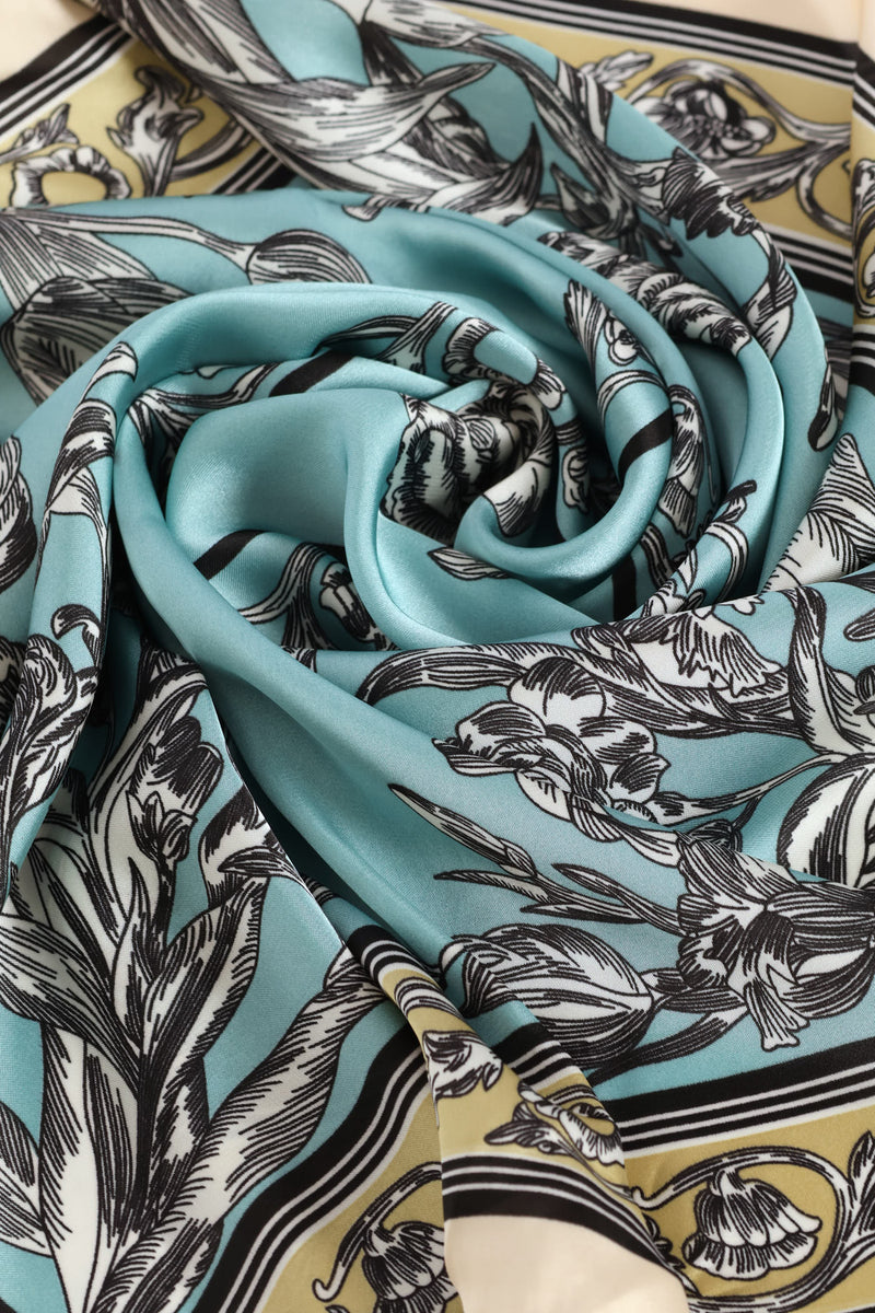 Pastel Floral Border Print Satin Feel Scarf - Light Blue
