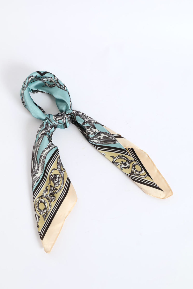 Pastel Floral Border Print Satin Feel Scarf - Light Blue