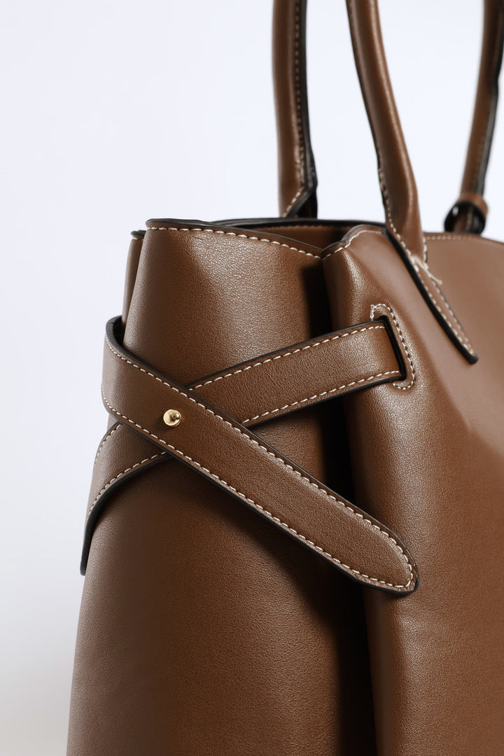 Curved Shopper With Side Tabs - Chocolate