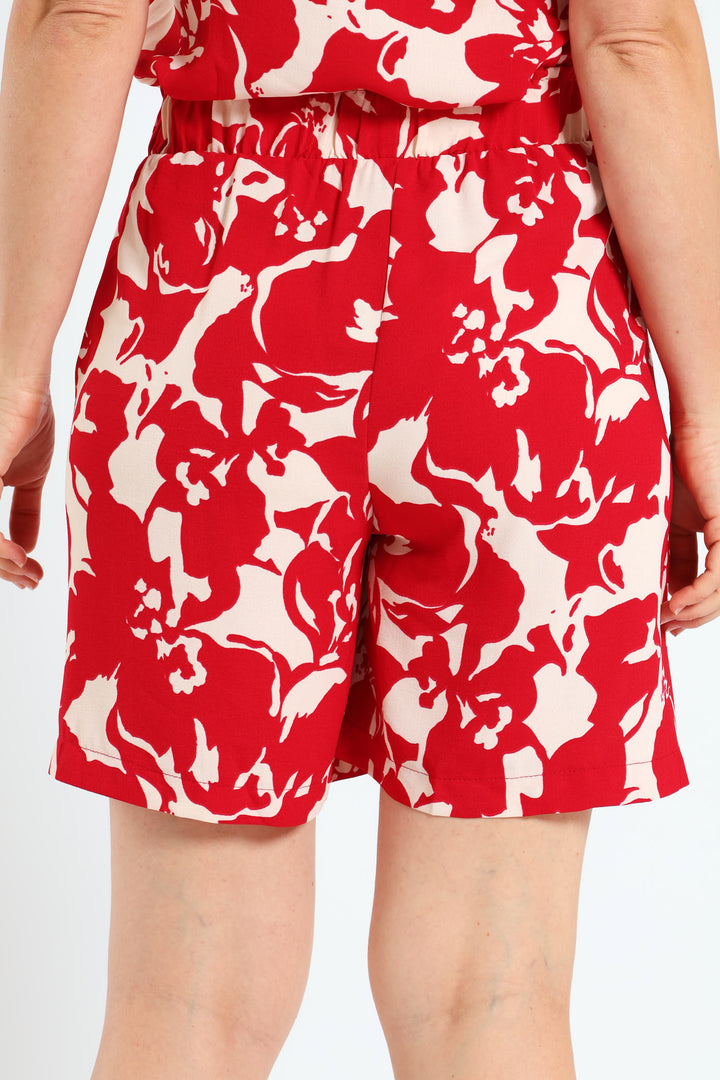 Pull-On Belted Drapey Mid Thigh Shorts - Red