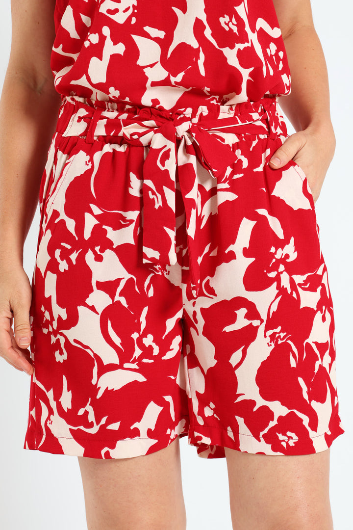 Pull-On Belted Drapey Mid Thigh Shorts - Red