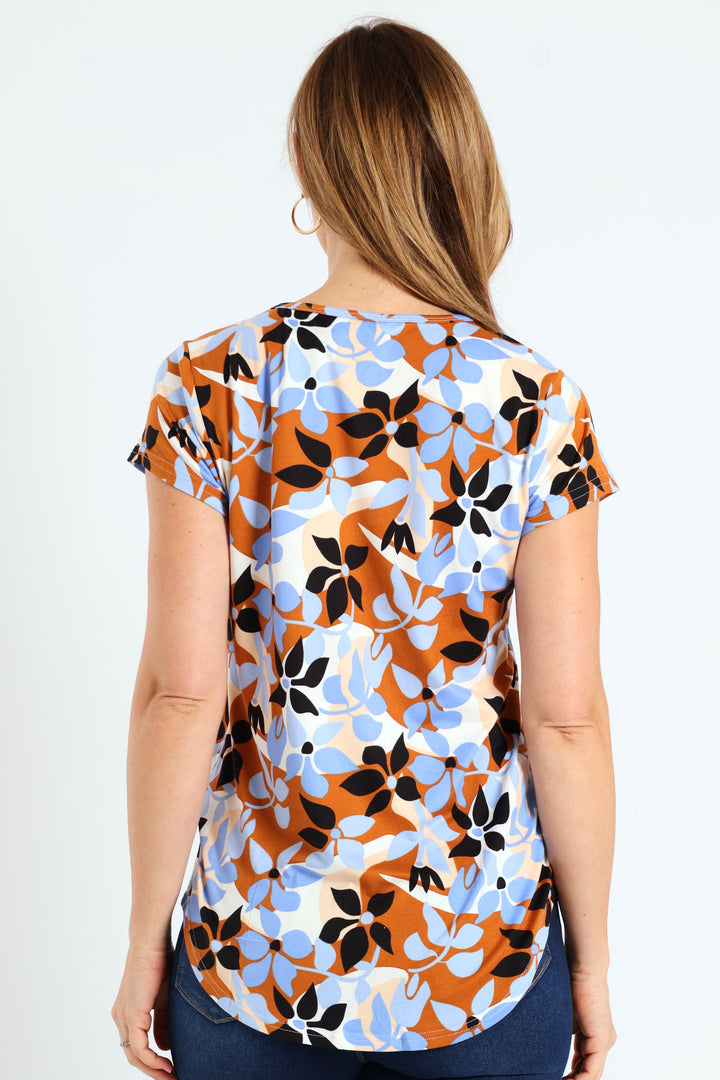 Floral Print Swirl Pocket Tee - Cream/Blue