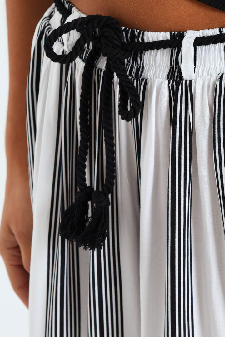 Braided Belt Striped Pants - Cream/Black