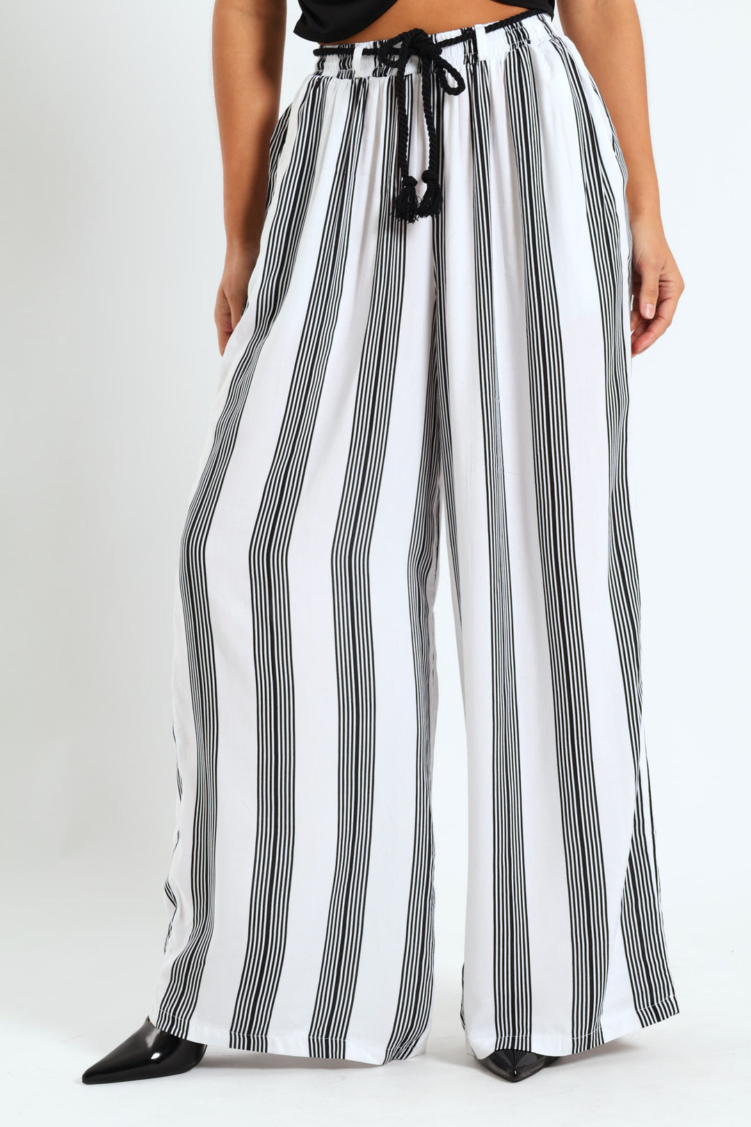 Braided Belt Striped Pants - Cream/Black