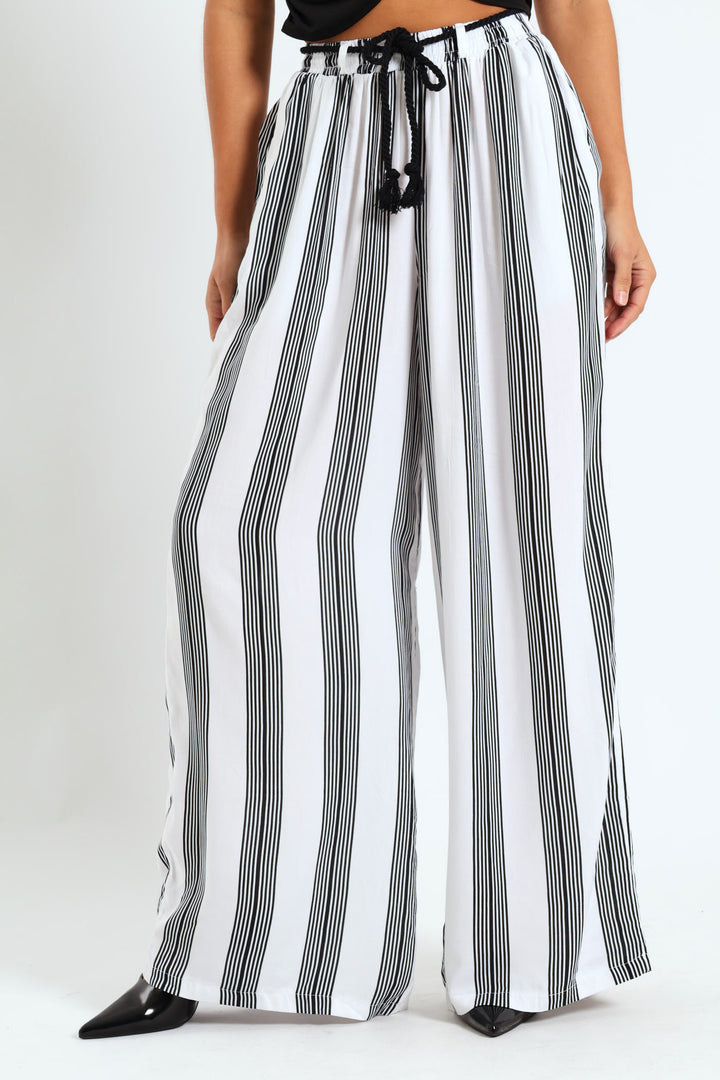 Braided Belt Striped Pants - Cream/Black