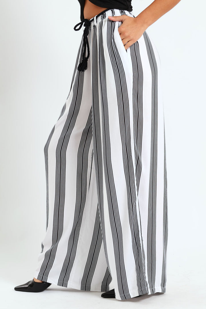 Braided Belt Striped Pants - Cream/Black