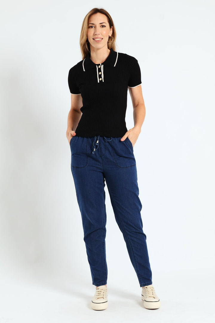 Ribbed Knitwear Golfer - Black/Cream