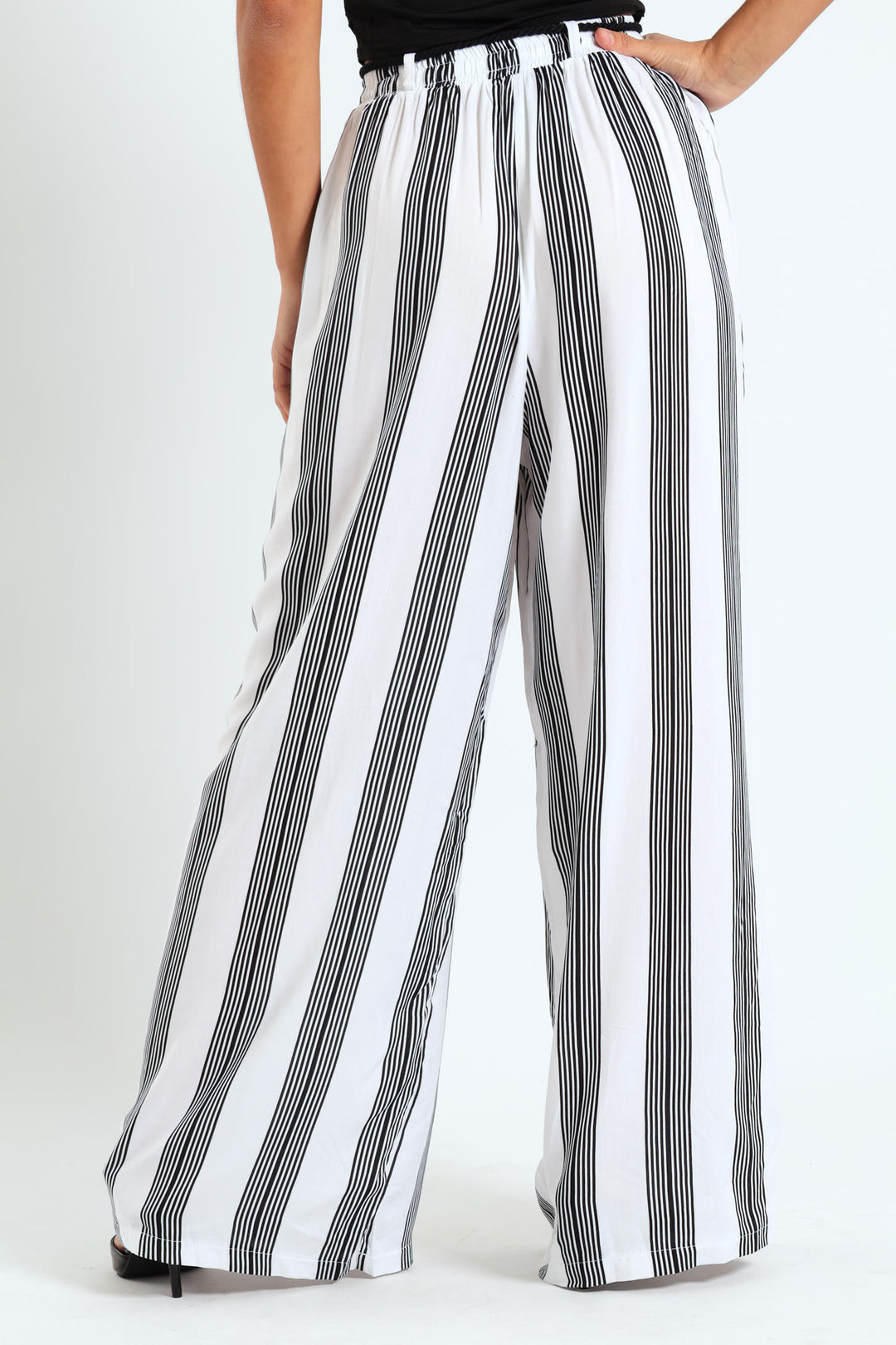 Braided Belt Striped Pants - Cream/Black