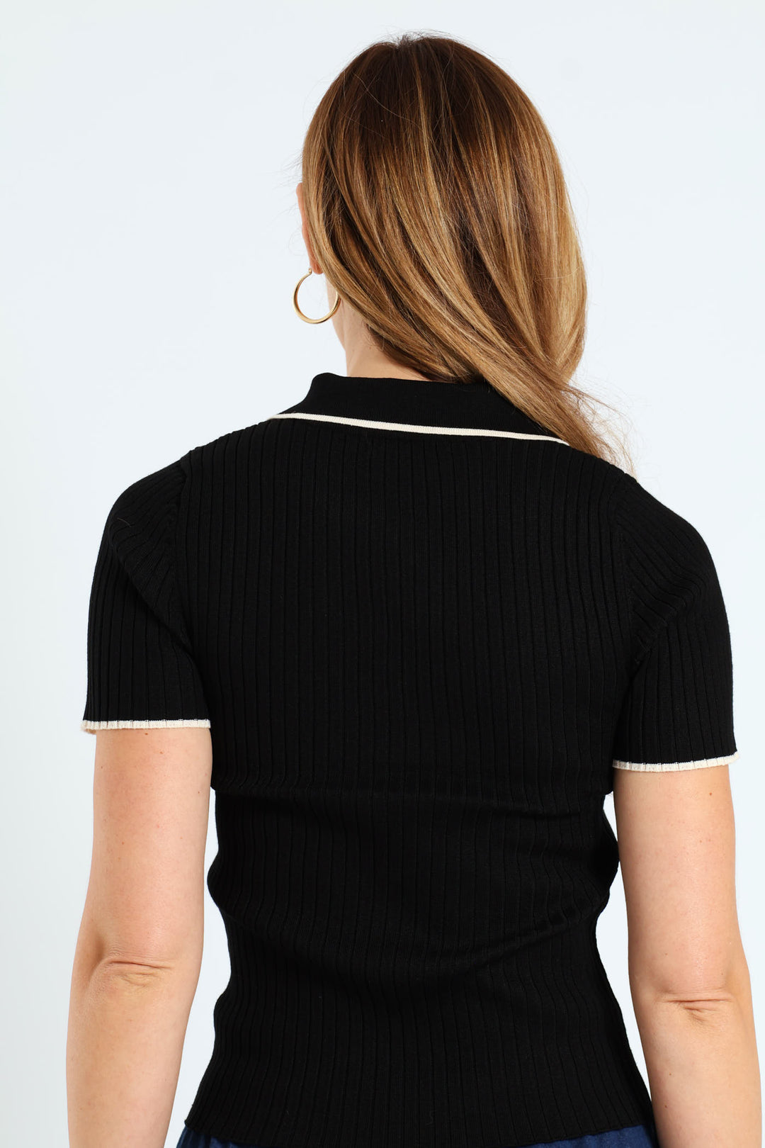 Ribbed Knitwear Golfer - Black/Cream