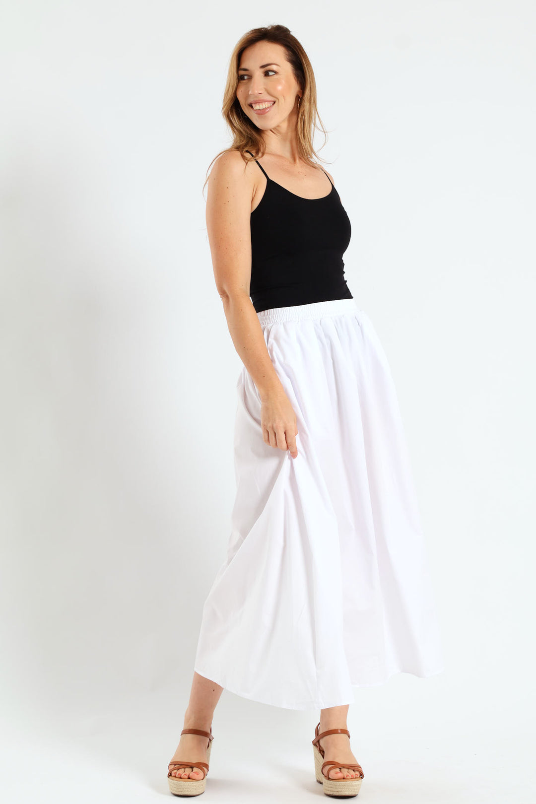 Pull-On Poplin Midi Skirt - White