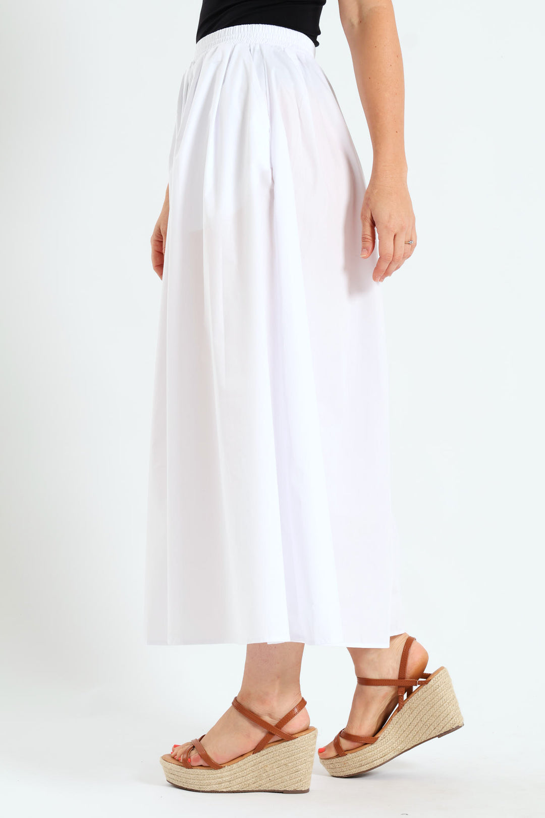 Pull-On Poplin Midi Skirt - White