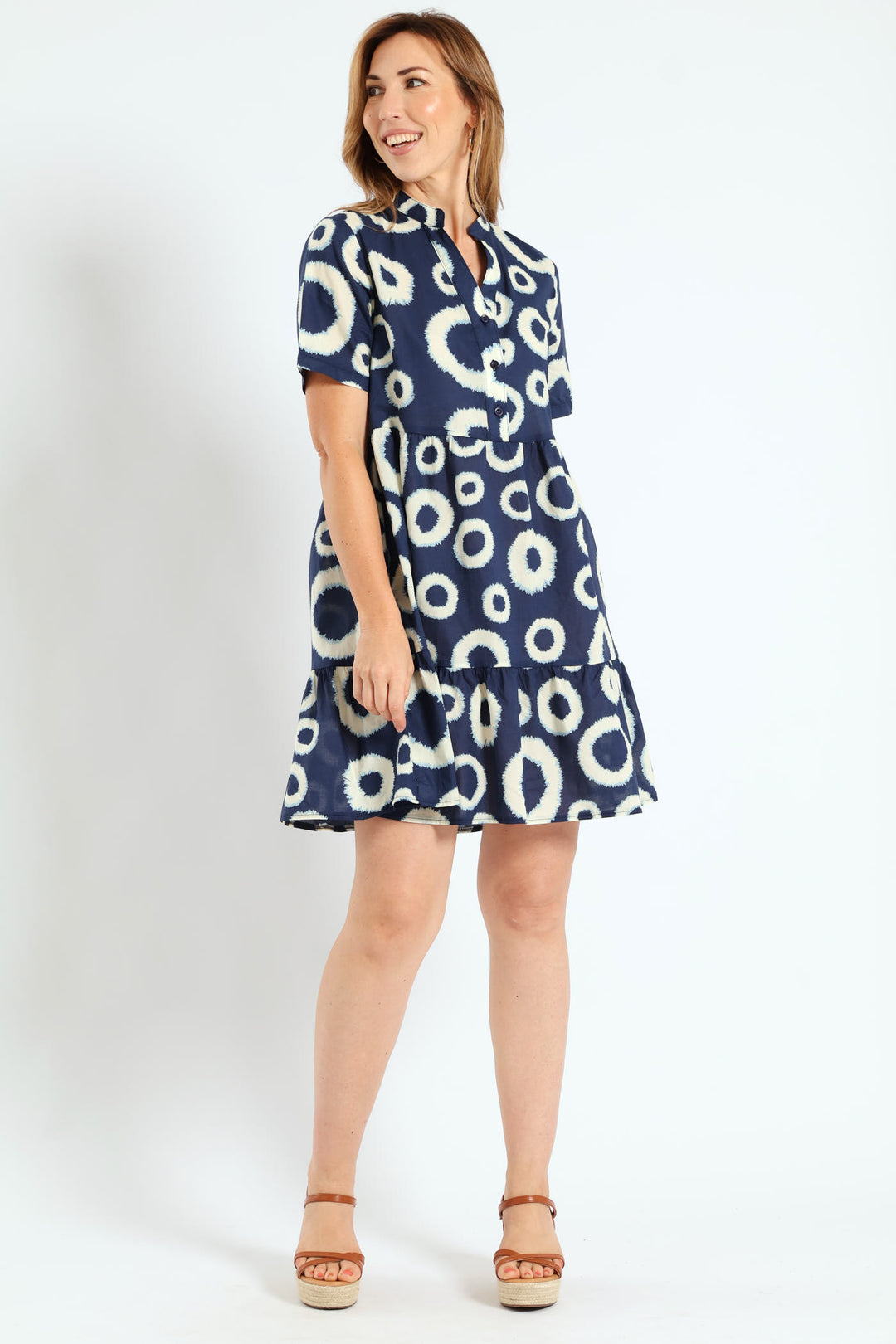 Half Placket Tiered Dress - White/Navy