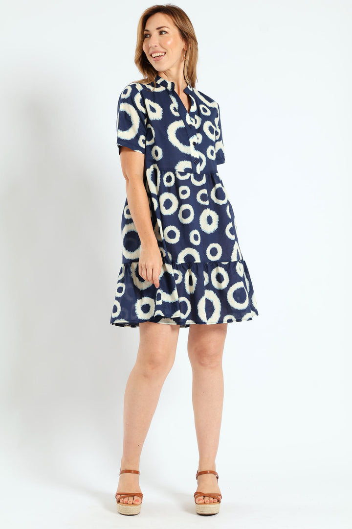 Half Placket Tiered Dress - White/Navy