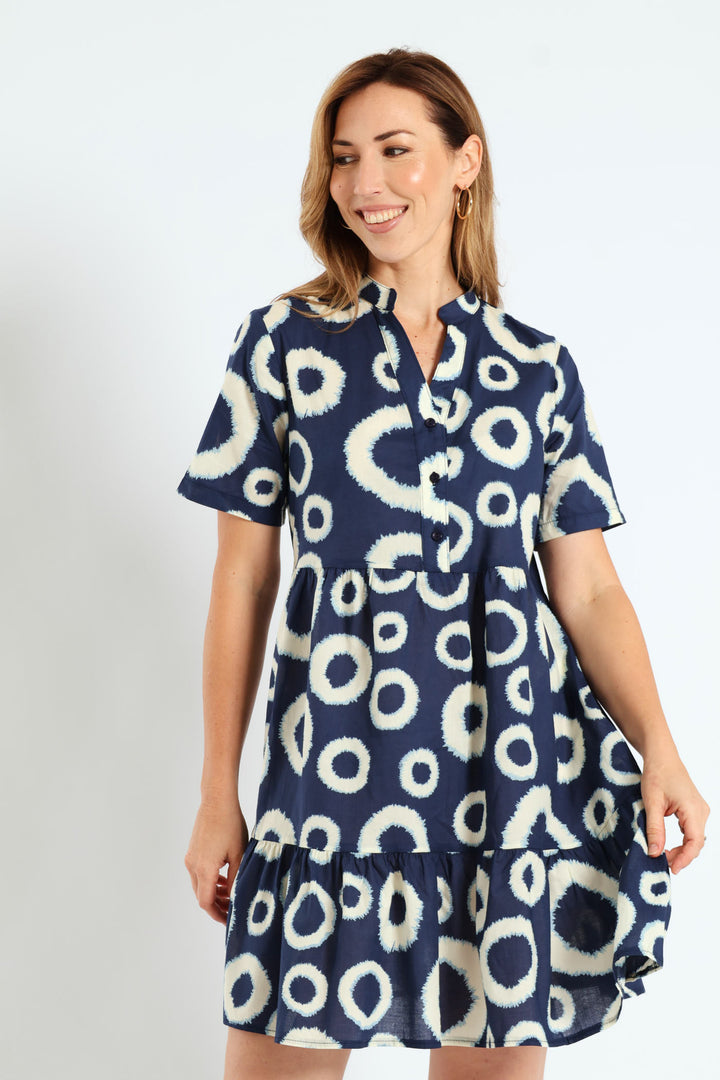 Half Placket Tiered Dress - White/Navy