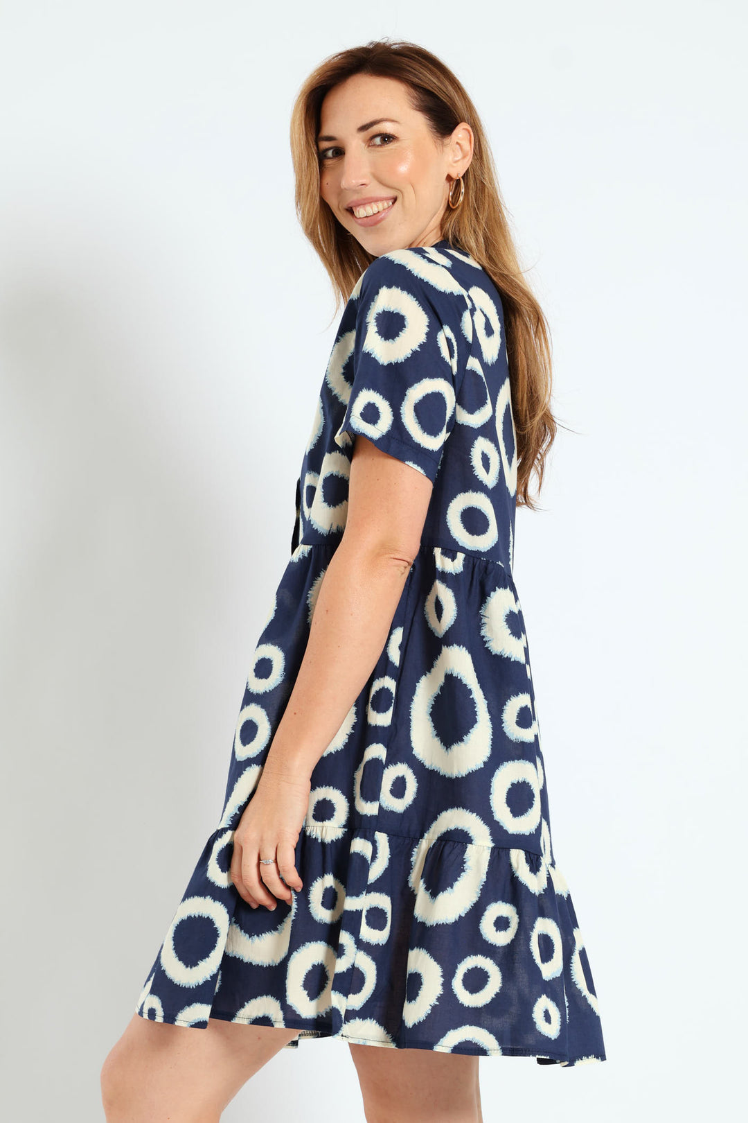 Half Placket Tiered Dress - White/Navy