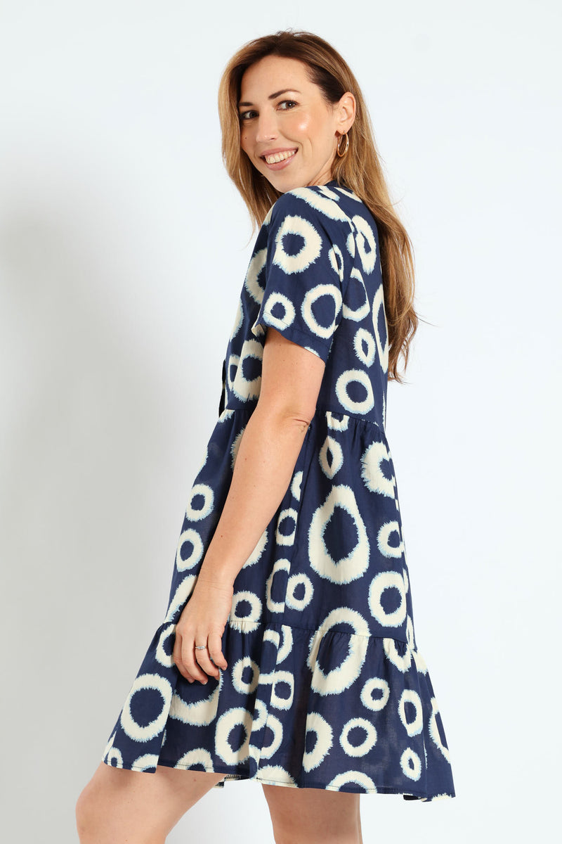 Half Placket Tiered Dress - White/Navy