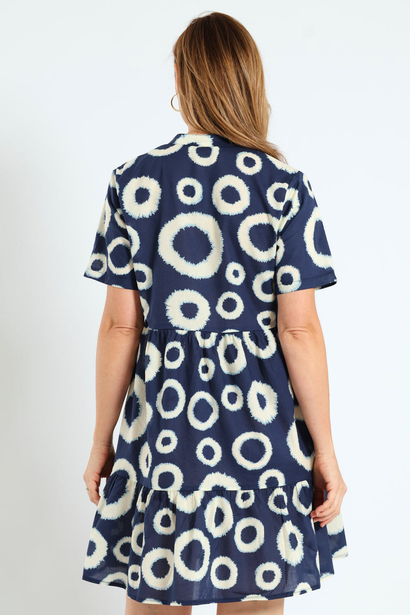 Half Placket Tiered Dress - White/Navy