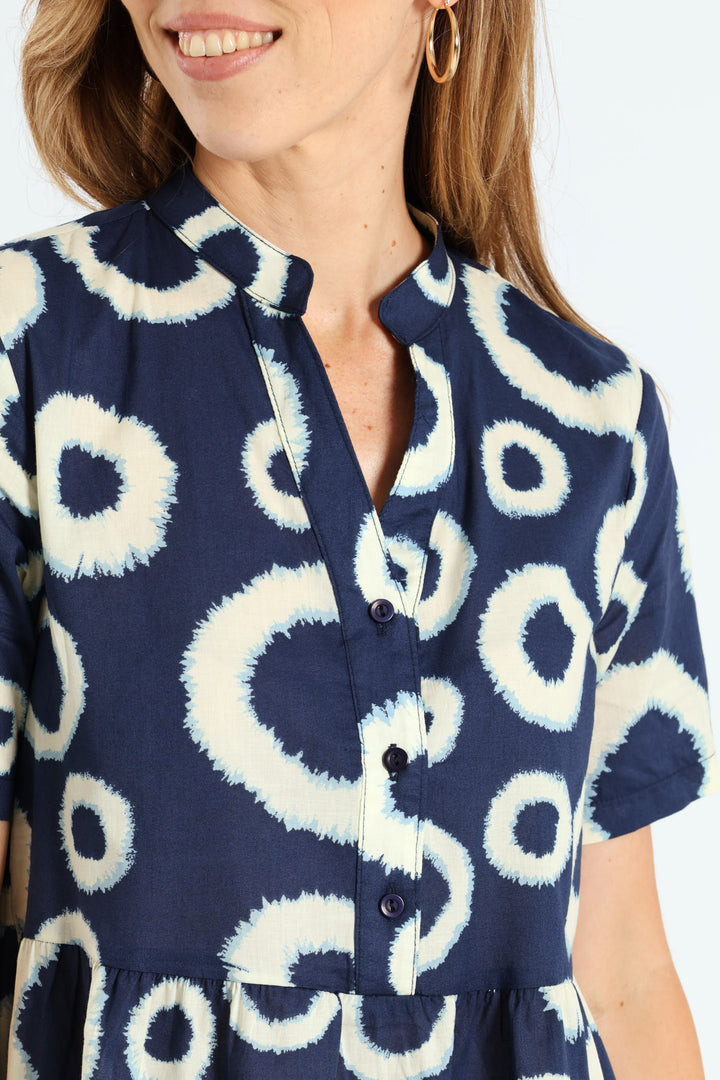 Half Placket Tiered Dress - White/Navy