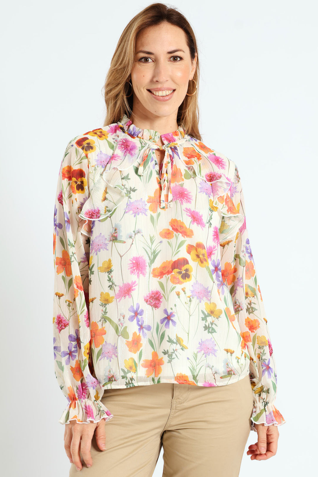 Peasant Tie Up Frill Blouse - Cream