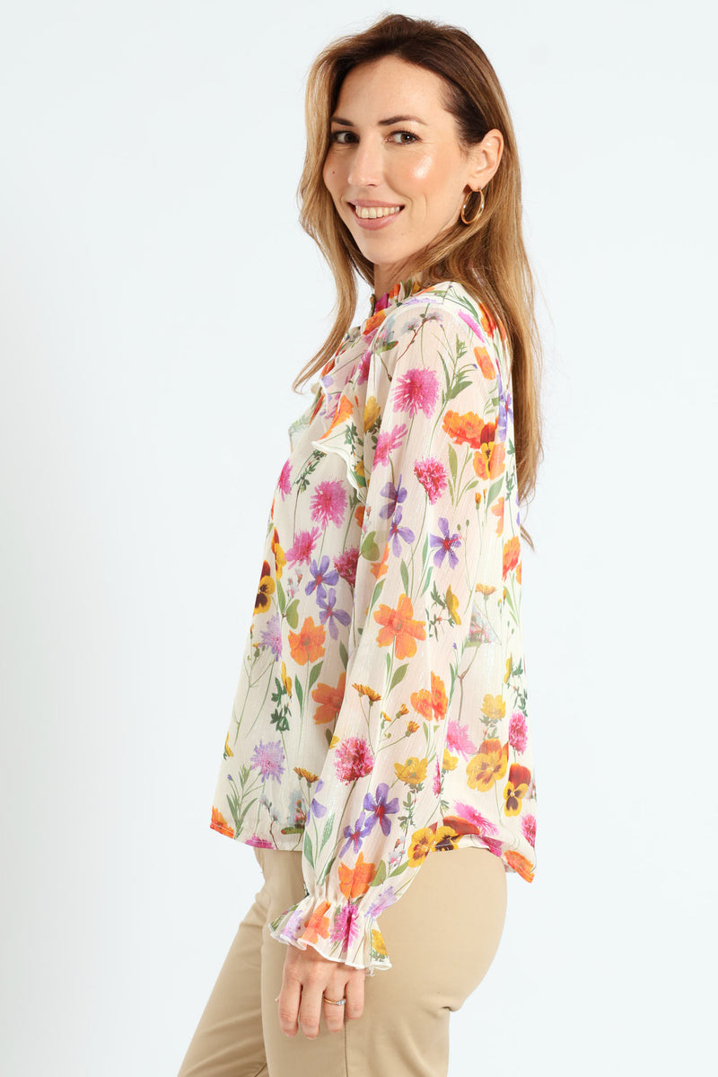 Peasant Tie Up Frill Blouse - Cream