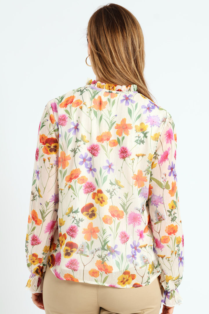 Peasant Tie Up Frill Blouse - Cream